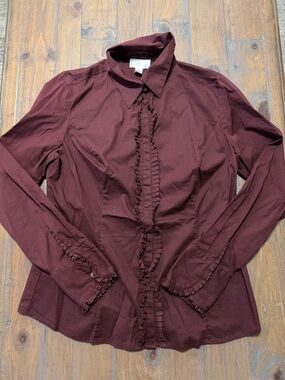LOFT Burgundy Ruffle-Trim Button Shirt